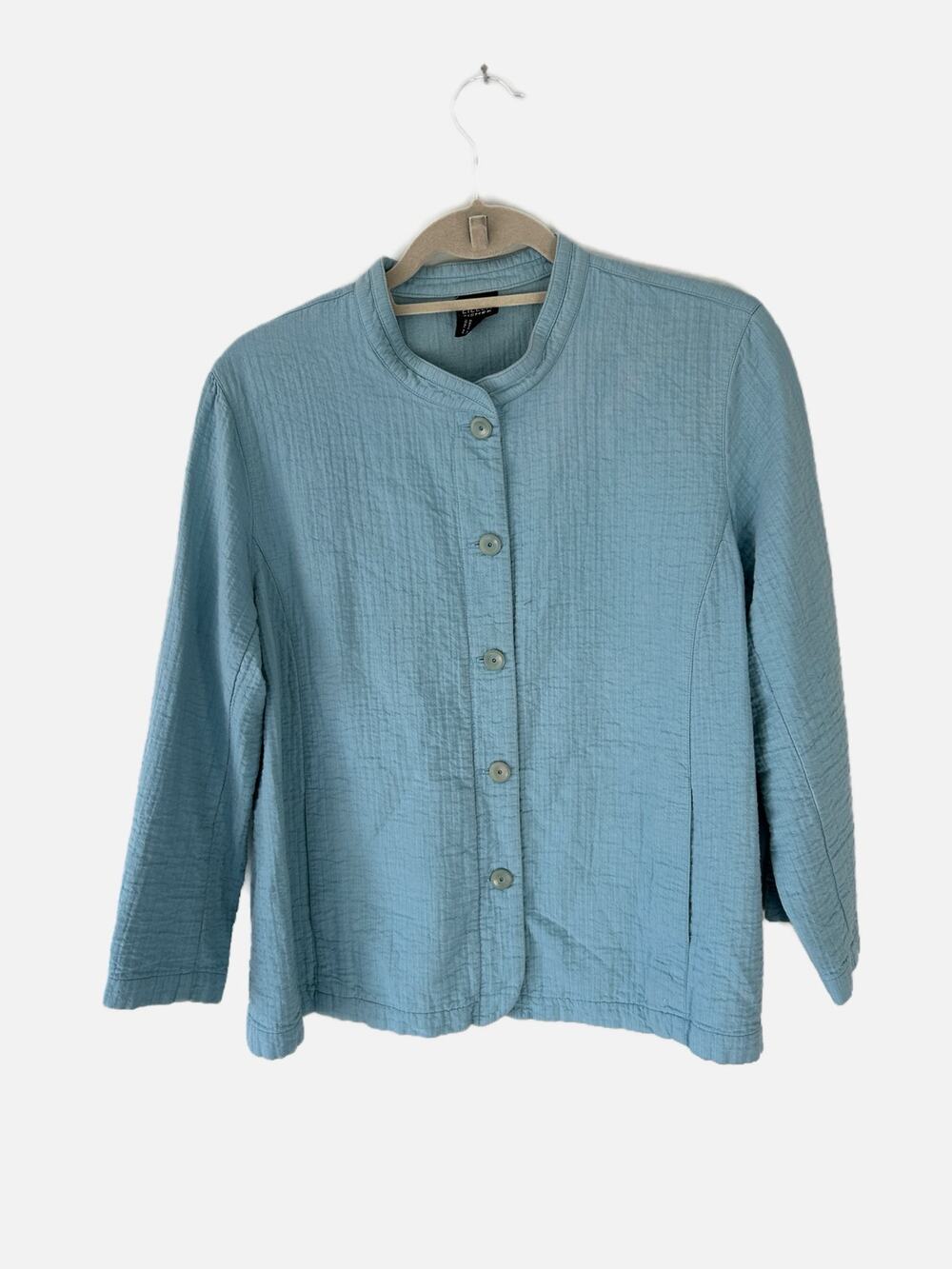 Eileen Fisher Blue Mandarin Collar Long Sleeve Cotton Blend Jacket Large *FLAW*